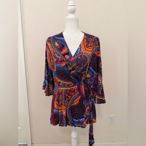 Maeve Anthropologie Elly Print Wrap Kimono Sleeve Blouse Sz L Boho Festival